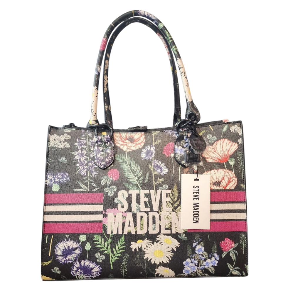 New Steve Madden Floral Black Tote Bag Faux leather, floral print, and large